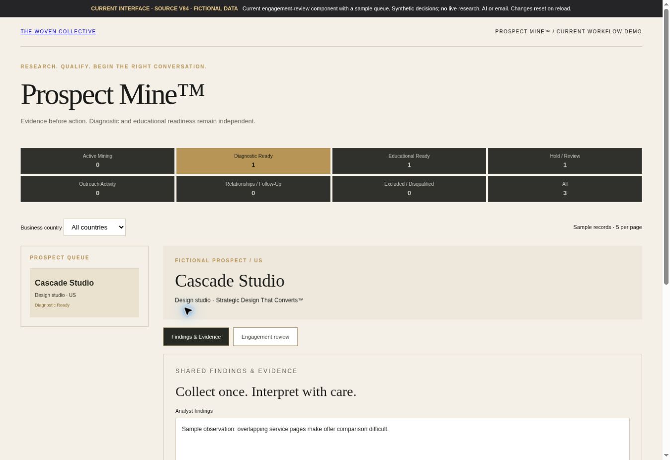 Current Prospect Mine workflow demo with diagnostic and educational readiness tabs