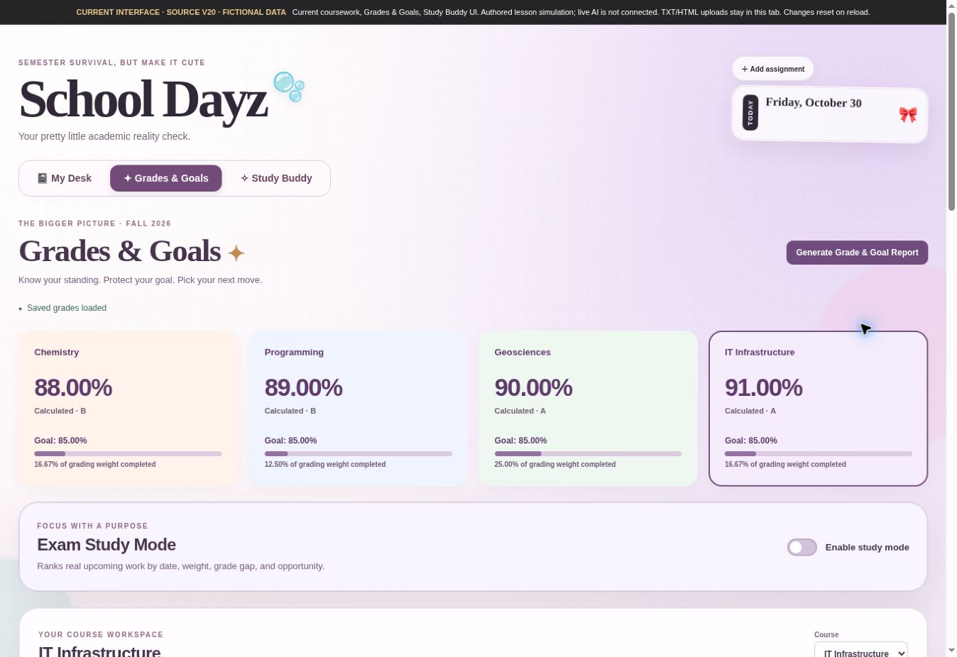 Current School Dayz Grades & Goals interface with fictional grade records